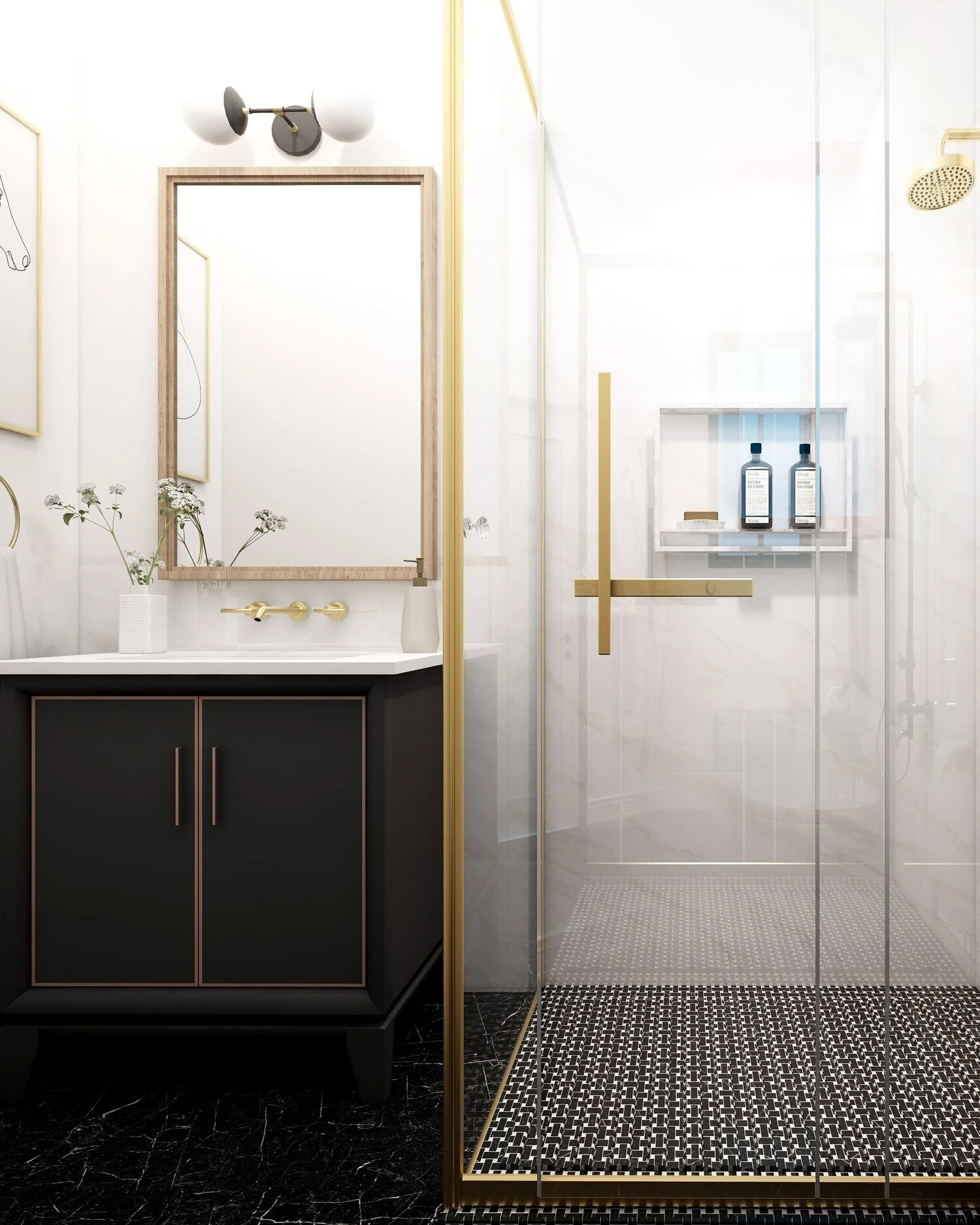 Small black and white tile  pattern &amp; similar color on the floor with similar color as in the shower pan. | Design and rendering by Shannon levy interiors.