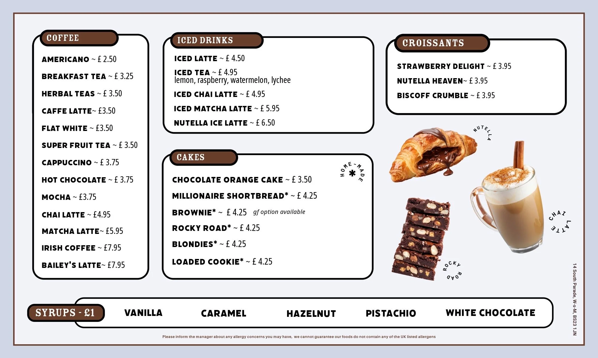 PlayCafe menu at Olea Lounge Weston-super-Mare: coffee, iced drinks, croissants and homemade cakes with prices