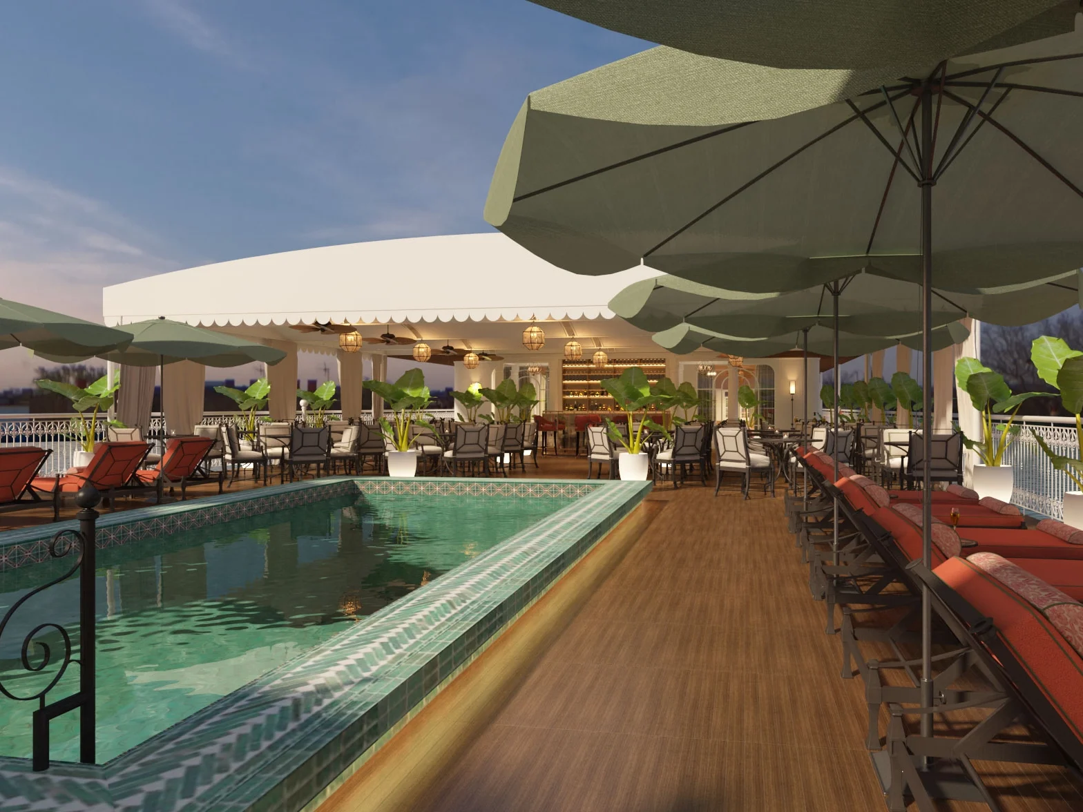 Sun Deck and Emerald Pool : Sink into a comfortable chaise lounge, and let the sunshine and bird songs bring blissful relaxation. The Mekong Jewel’s sun deck is the ideal place to catch up on reading, sunbathing or just to have a quiet space to enjoy the landscape in the open air.
