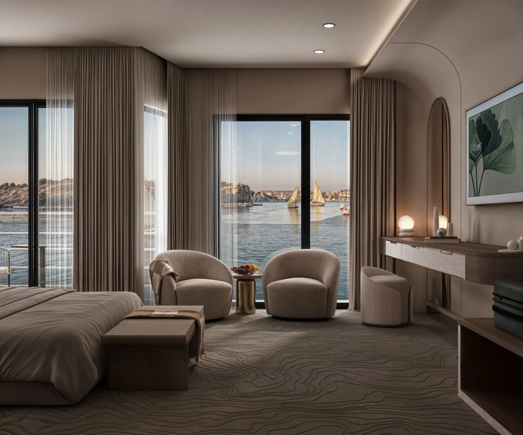 Aboard the M/S Farah Nile Cruise, accommodation is reimagined as an oasis where refined luxury mingles with riverside serenity with a natural colour palette to induce pure relaxation.

@farahnilecruise_