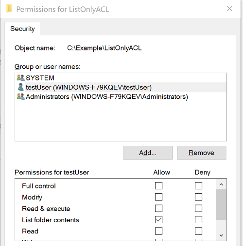 A screenshot of the ACL entries showing the test user only has List Folder Contents Permissions