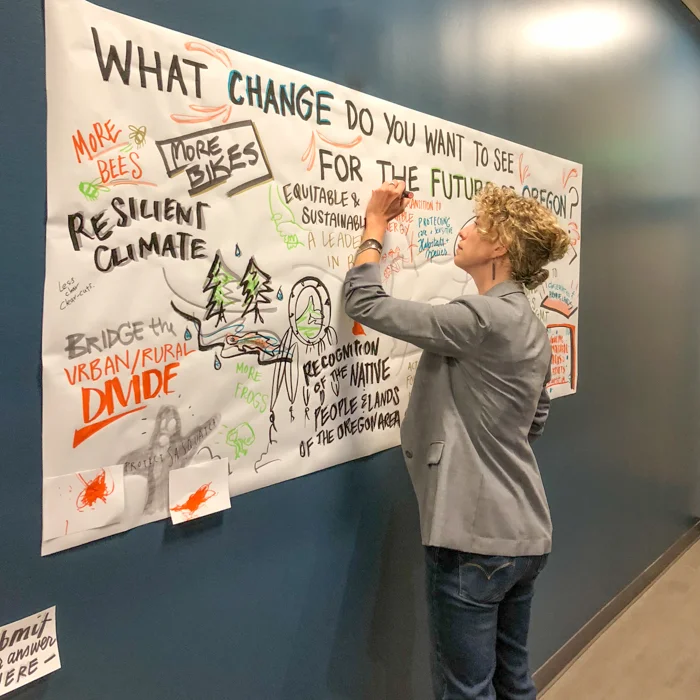 What Change do you want to see for the future of Oregon? Katelyn Hale, one of Samara’s graphic facilitators displays a participant’s answer to the question at one of our two interactive stations.