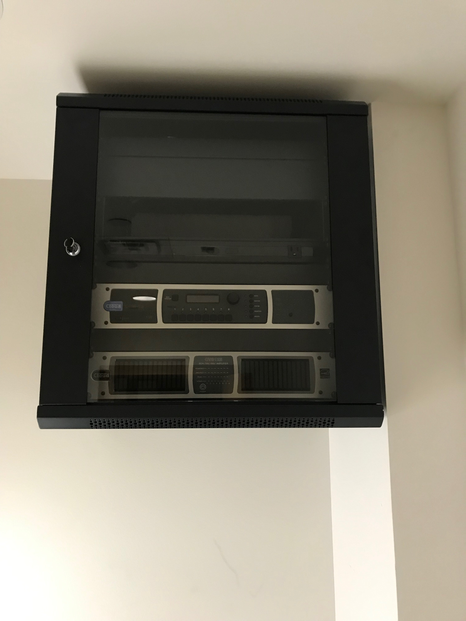  Elevated wall-mounted equipment rack at a commercial space in Utah — an alternative way to organize equipment controls without sacrificing floor space. 