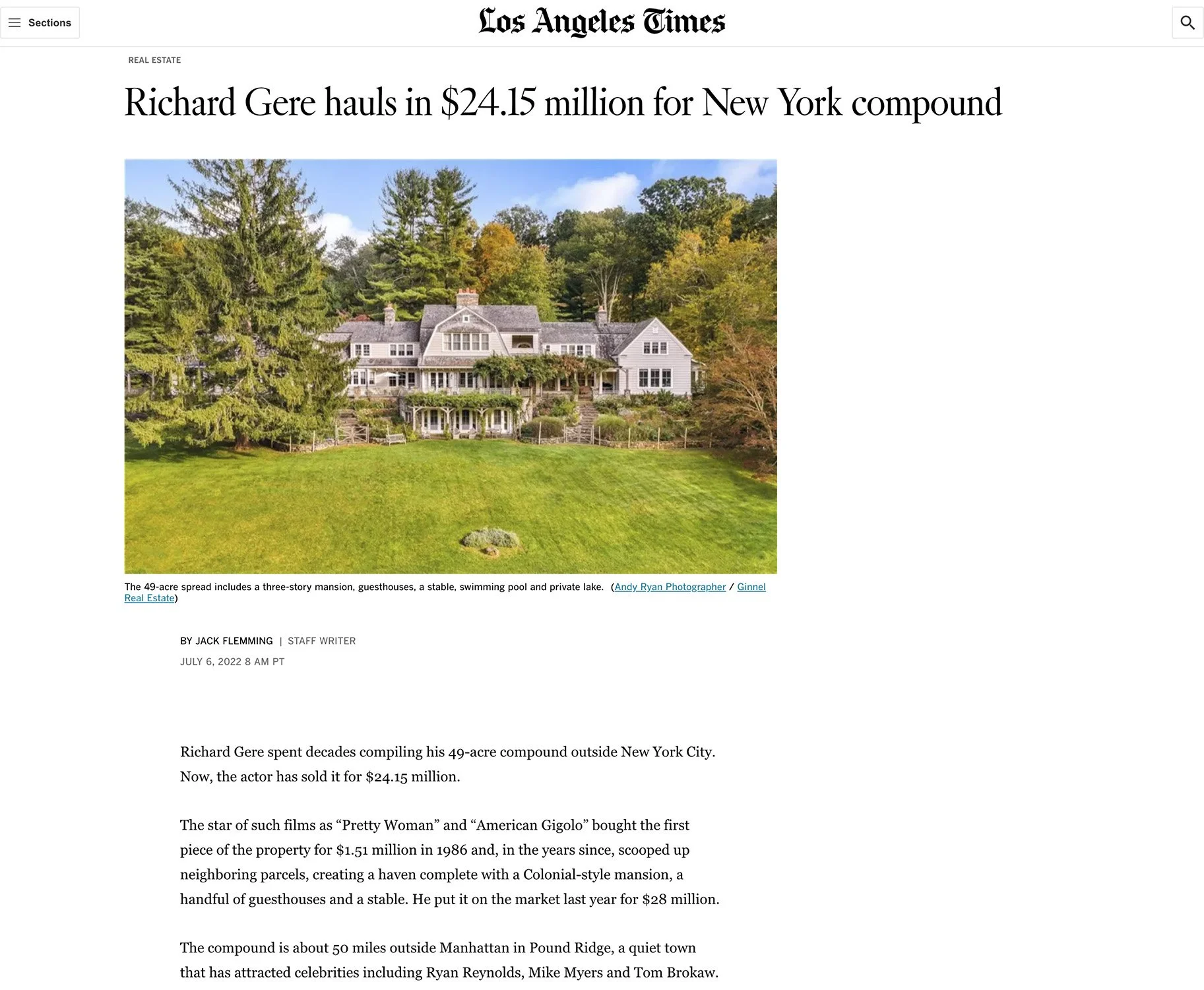 Richard Gere's Pound Ridge Home Featured in Los Angeles Times