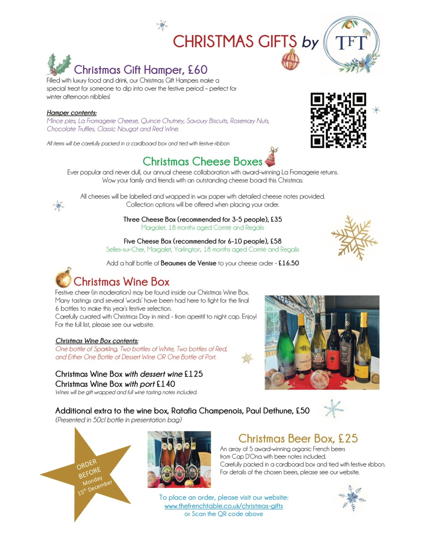 🎄Christmas Gifts by TFT 🎄
 
🎁Christmas Gift Hamper, &pound;60
Filled with luxury food and drink, our Christmas Gift Hampers make a
special treat for someone to dip into over the festive period &ndash; perfect for
winter afternoon nibbles!

Hamper 