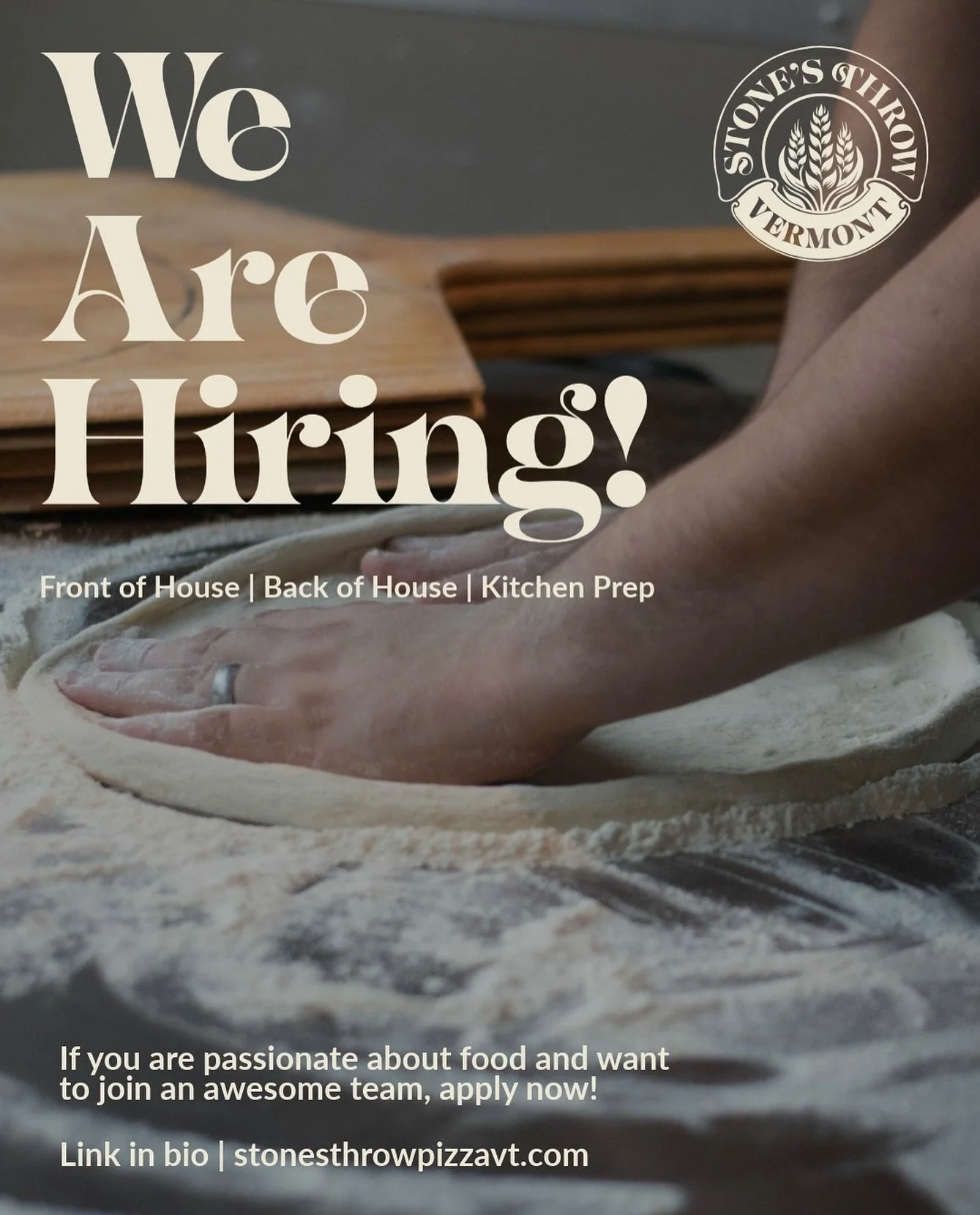 We&rsquo;re hiring at multiple locations🍕👩&zwj;🍳

Current openings:
&bull; Jericho &ndash; Daytime Kitchen Prep
&bull; Waterbury &ndash; Back of House (Dinner Service)
&bull; Richmond &ndash; Daytime Kitchen Prep, Back of House (Dinner Service), F