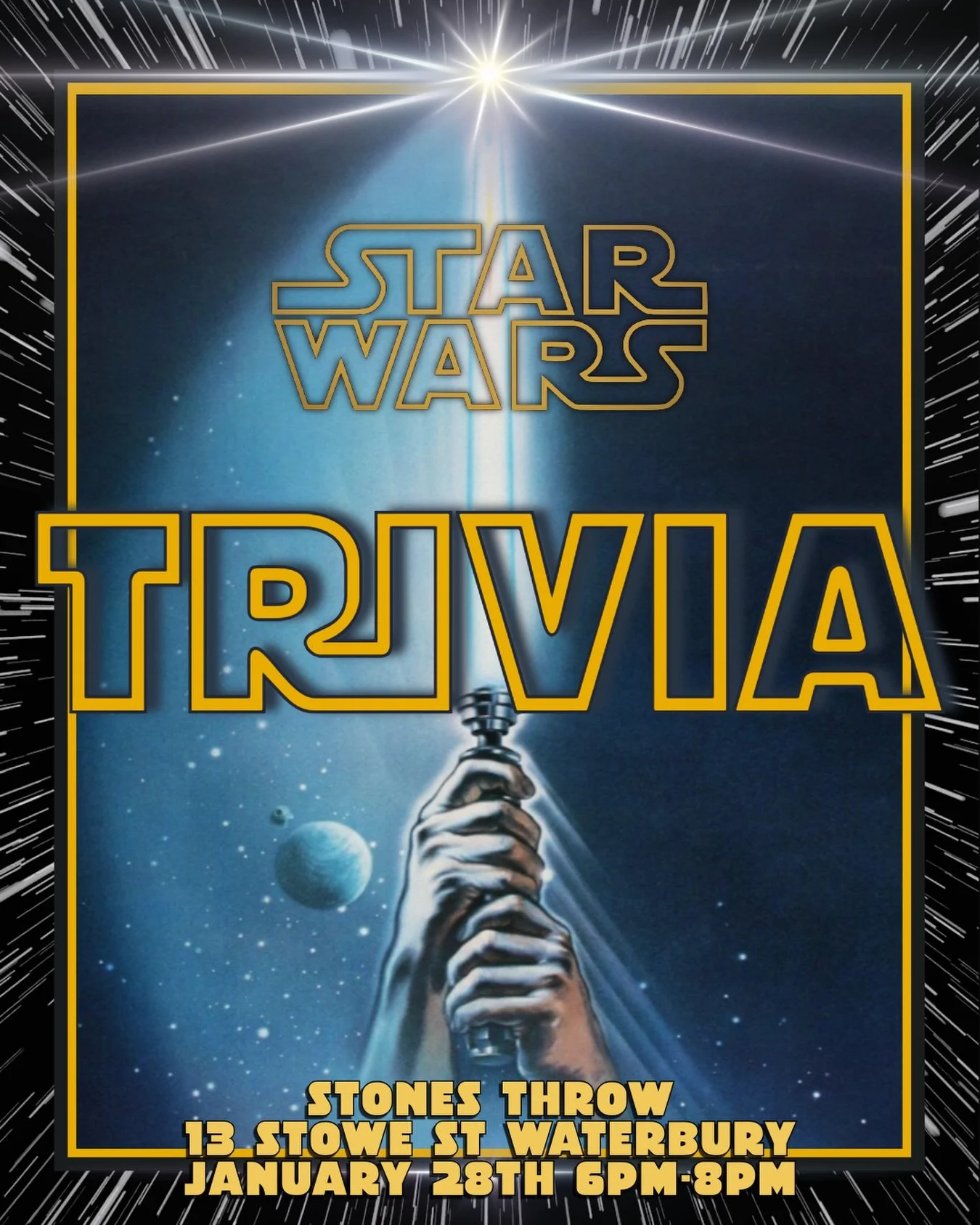 Star Wars Trivia Night is calling AND it&rsquo;s FREE!

Join us at our Waterbury location on January 28th from 6&ndash;8 PM for a night dedicated to a galaxy far, far away.

Whether you&rsquo;re prequel-brained, original-trilogy loyal, or secretly fl
