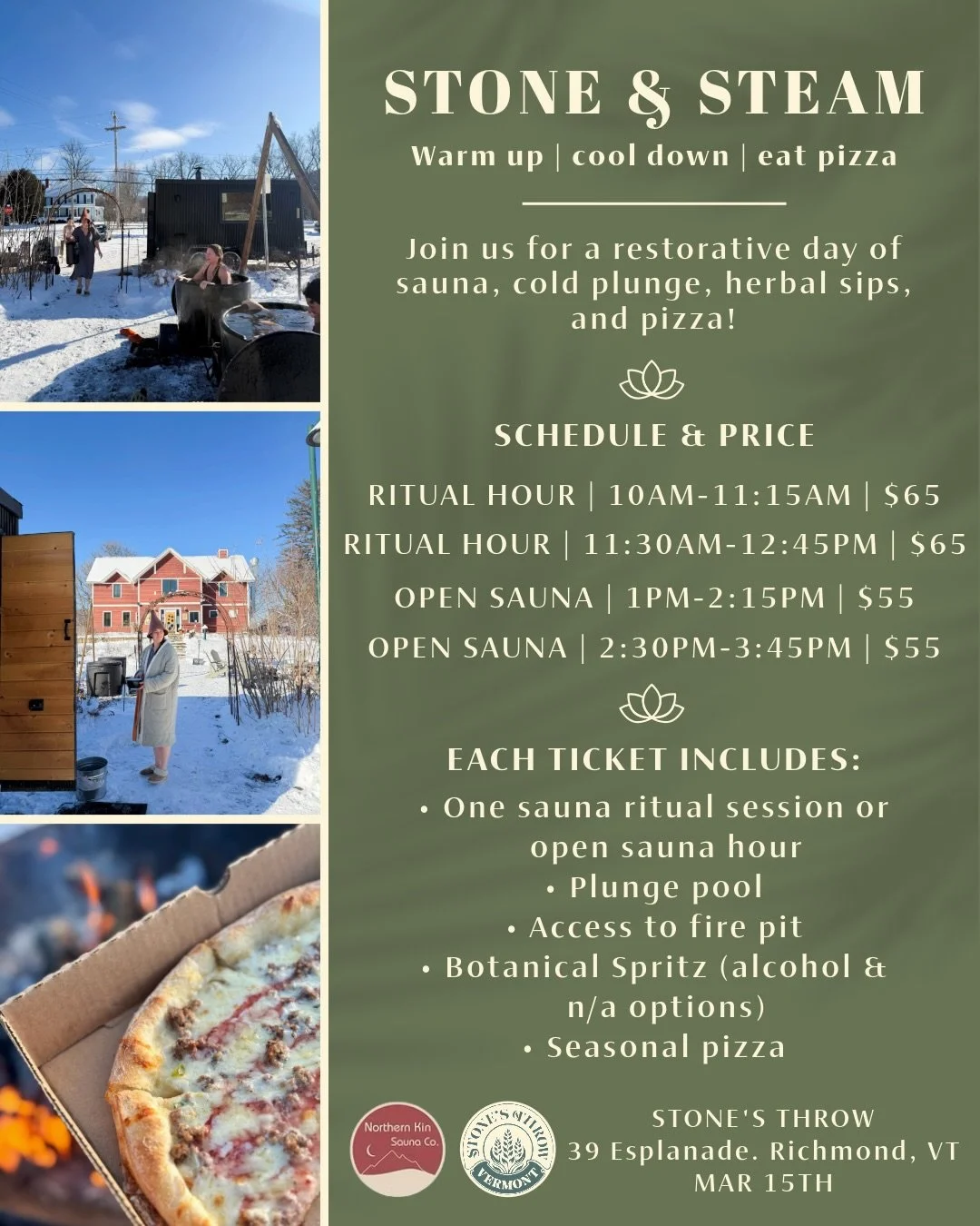 Stone &amp; Steam | A Spring Comfort Ritual

Stone&rsquo;s Throw is partnering up again with Northern Kin Pop-up Sauna to welcome the new season with a restorative day of steam, cold plunge, and fireside relaxation in the Stone&rsquo;s Throw Richmond