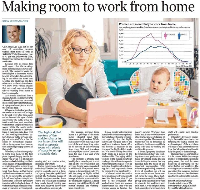 More and more Australians work from home at least occasionally. This is particularly true for the well-paid knowledge workers. In my column I argue this will change the type of housing that such workers demand. The study nook will not suffice for people working hours from home. These workers will demand larger homes with a decent-sized and fully functional study. If you have two monitors and a standing desk at your office tower you will want a similar setup (maybe with a bit more charme) at home. 
Read my full column on page 24 of today's The Australian or check out the online version with a total of four visuals on the topic: https://bit.ly/2rTTN0k

#workingathome #homeoffice #flexiblework #worklifebalance #realestate #property #beyourownboss