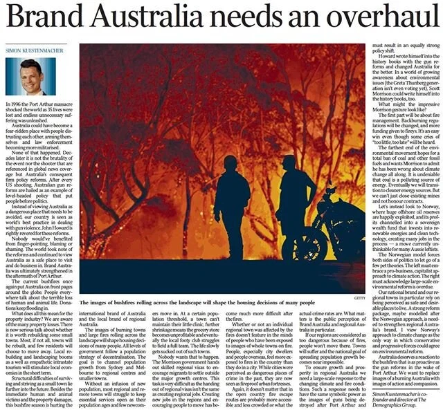 Our economic wellbeing is linked to the strength of Brand Australia. After the Port Arthur massacre in 1996 the national brand could've been damaged permanently. Due to the strong gun reforms by the conservative Howard government our brand ultimately got strengthened and #Australia is lauded internationally as best practice in the handling of firearms. ⠀
⠀
After the deadly #bushfires our brand is once again at risk. I argue that we need a strong policy response to ensure that the national brand isn't permanently damaged. If regional Australia is publicly perceived as being dangerous, the national goal of channeling population growth away from the major growth centres to the regions, can't be achieved.⠀
⠀
Climate policy discussions in Australia have been unfruitful so far. I propose we look to Norway where fossil fuels are happily exploited, and its profits channelled into a sovereign wealth fund that invests into renewable energies and clean technology, creating many jobs in the process.⠀
⠀
The Norwegian approach is pragmatic and the only way that I can think of that might allows both sides of politics to agree on #climatechange policy. This would massively strengthen Brand Australia too.⠀
⠀
Read my full column on page 24 of The Australian today or online: https://buff.ly/3aS1bep⠀
⠀
#AusPol #CleanTech #Renewables
