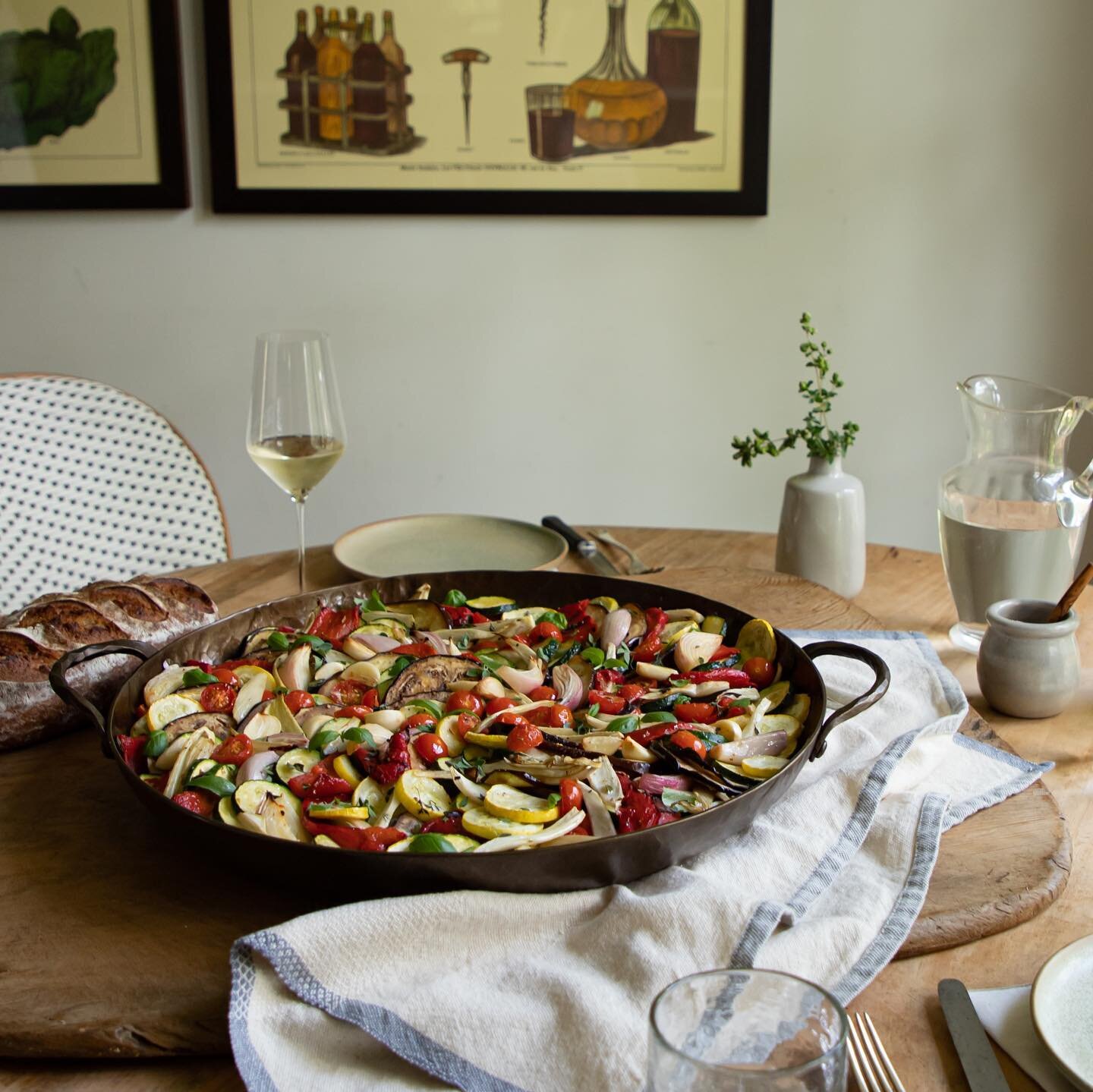 Endless summer vegetables. Loved creating (&amp; shooting!) this recipe for the newest addition to the  @smitheyironware family, the &ldquo;party pan&rdquo;. Piles of summer squash, eggplant, tomatoes, peppers, and fennel (10 lbs to be exact) are bru