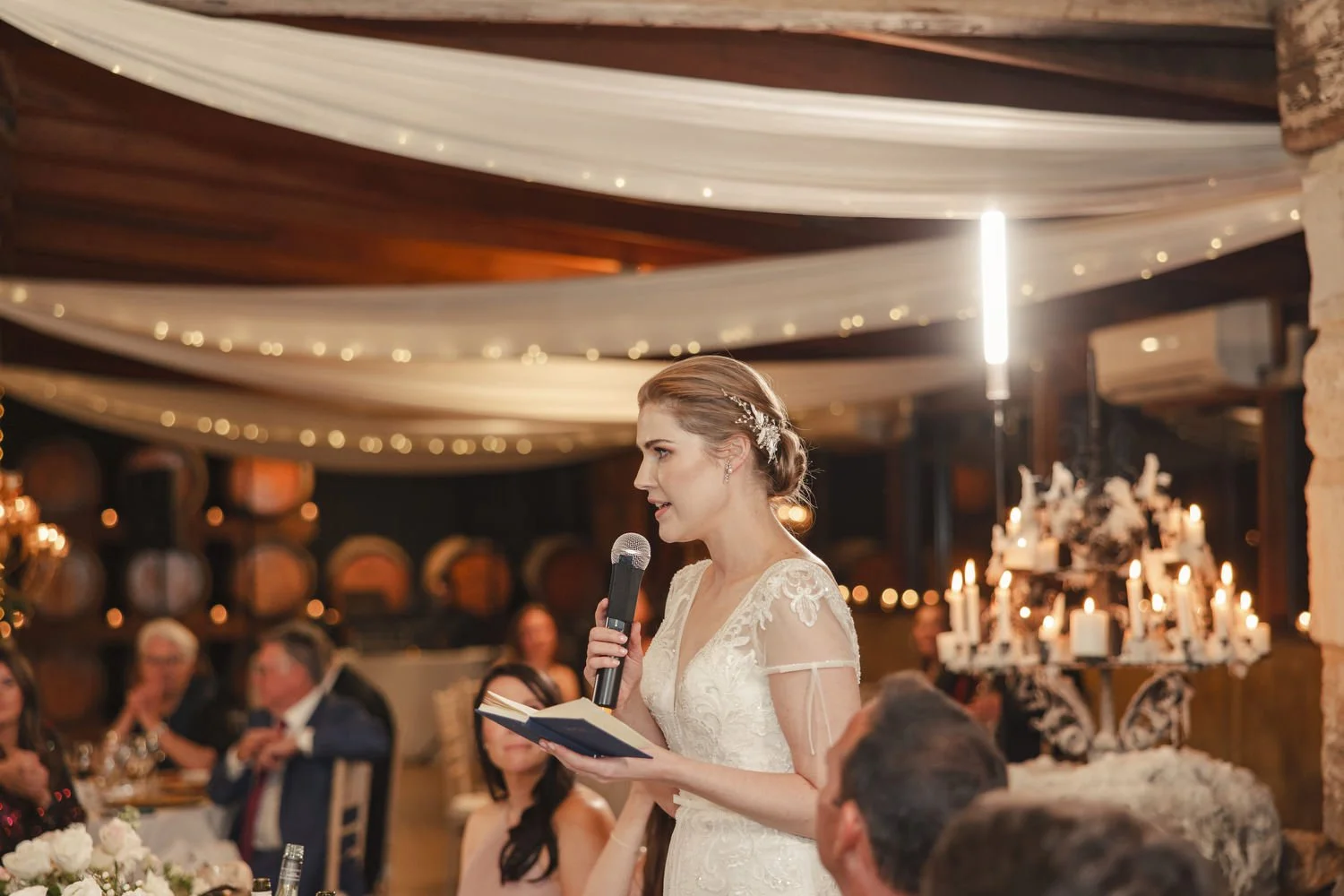 bride giving a speech at reception at Peppers Creek Barrel Room  Hunter Valley 