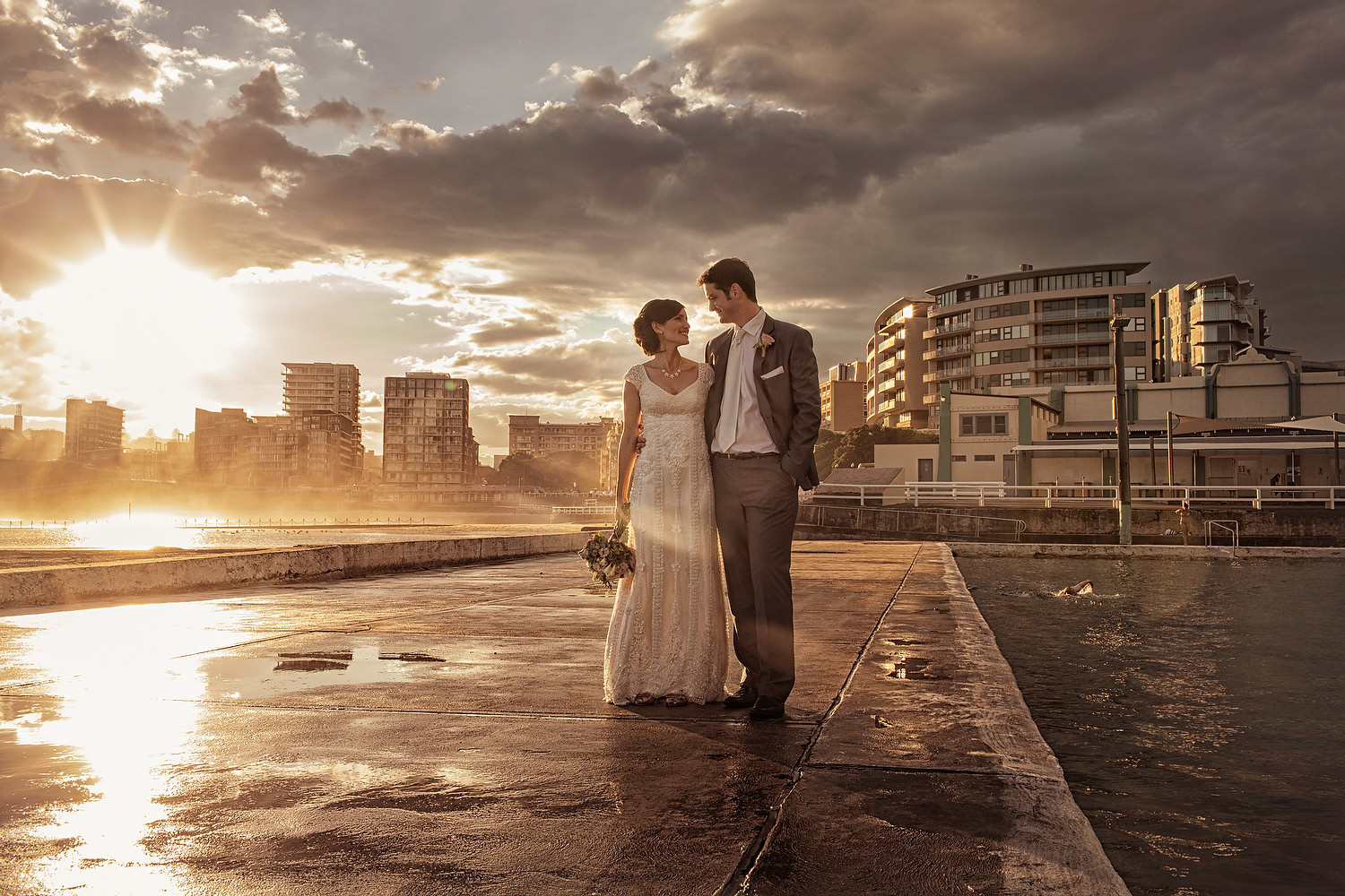 Newcastle wedding photography at baths - bride and groom enjoying sunset