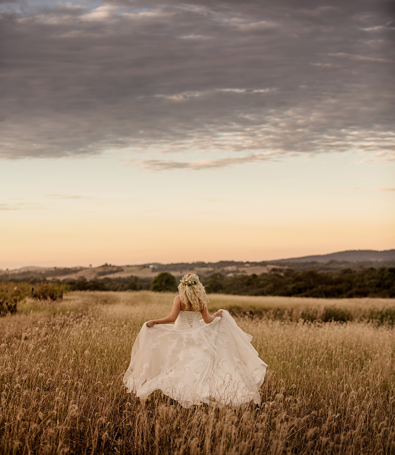 bride in the grass looking over the hunter valley mountains 
