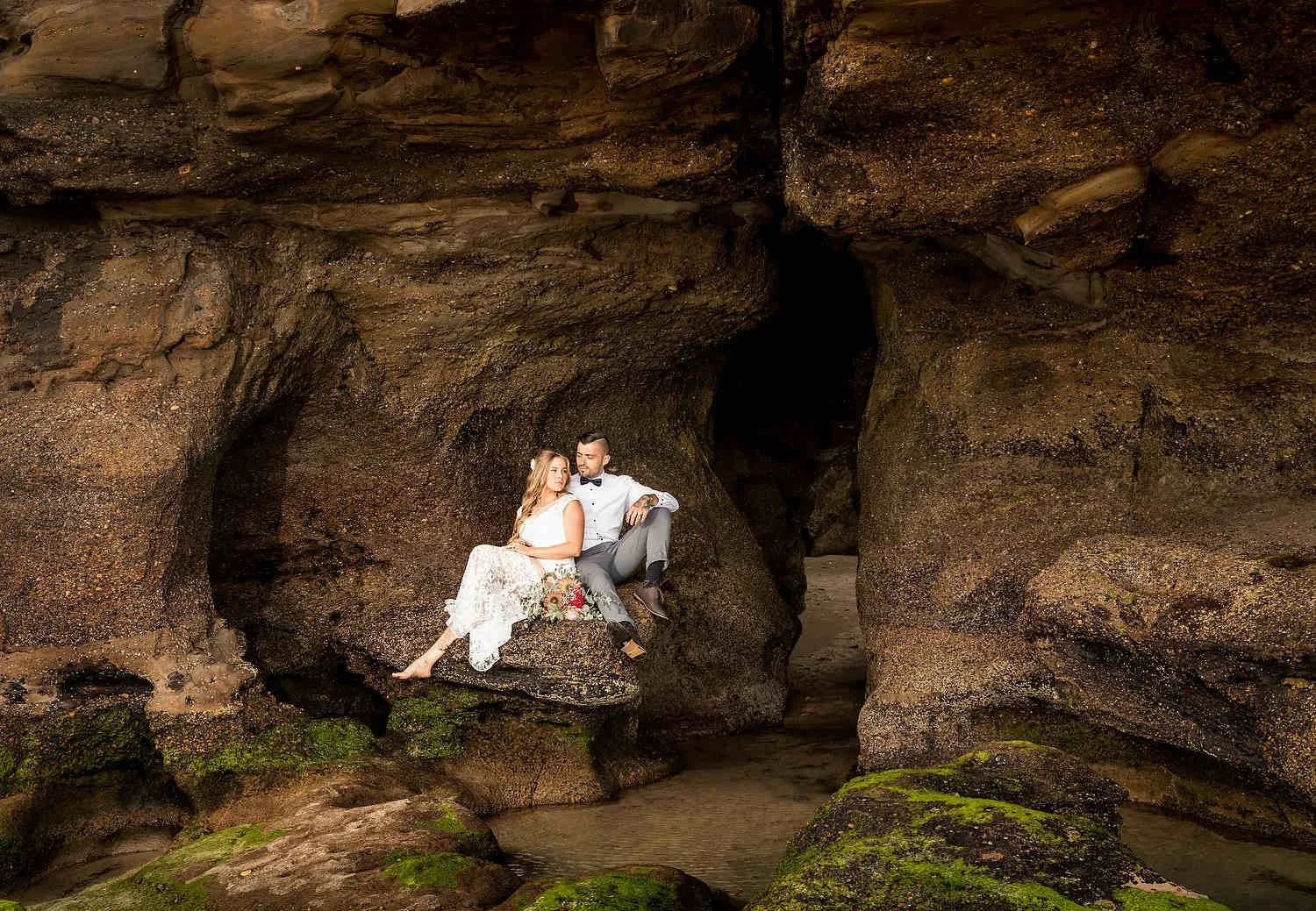 Artful natural wedding portrait among Hunter Valley rock formations