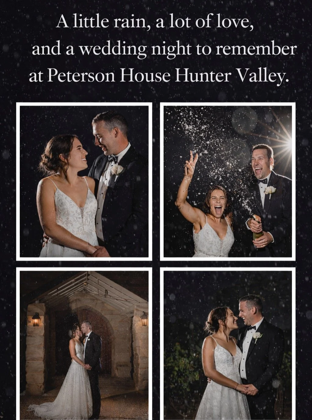 A little rain, a lot of love, and a wedding night to remember at Peterson House Hunter Valley.
The moody sky, the glowing lights, and those fun end-of-night celebration shots made this gallery something really special.
#PetersonHouse #HunterValleyWed