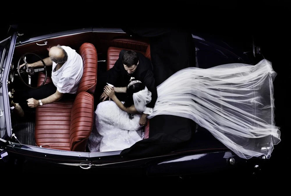 Hunter Valley wedding photography from above a classic car