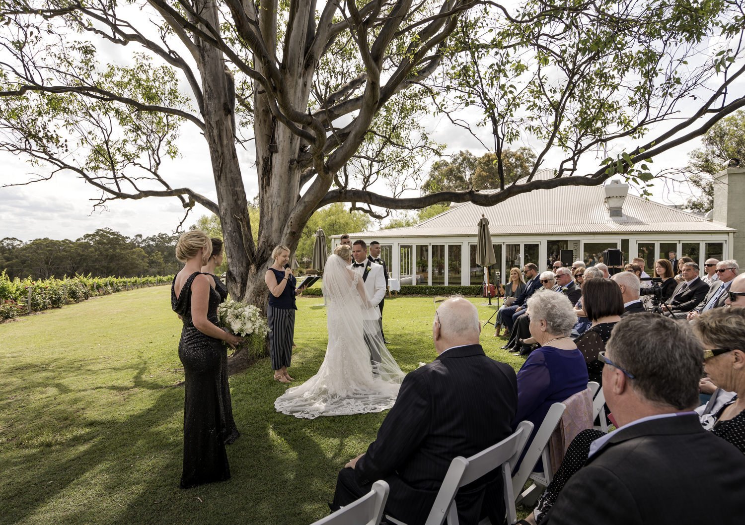 Bride walking down the aisle under the gum tree with the homestead behind, Spicers Vineyards Estate, Pokolbin