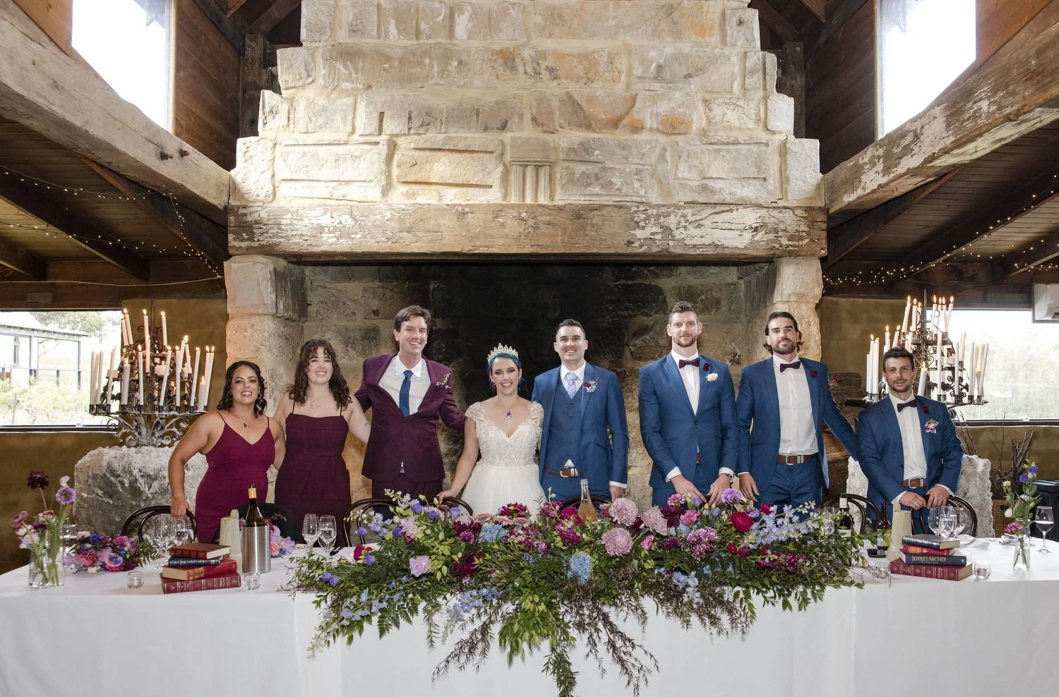 bridal party at reception on the bridal table Peppers Creek Barrel Room  