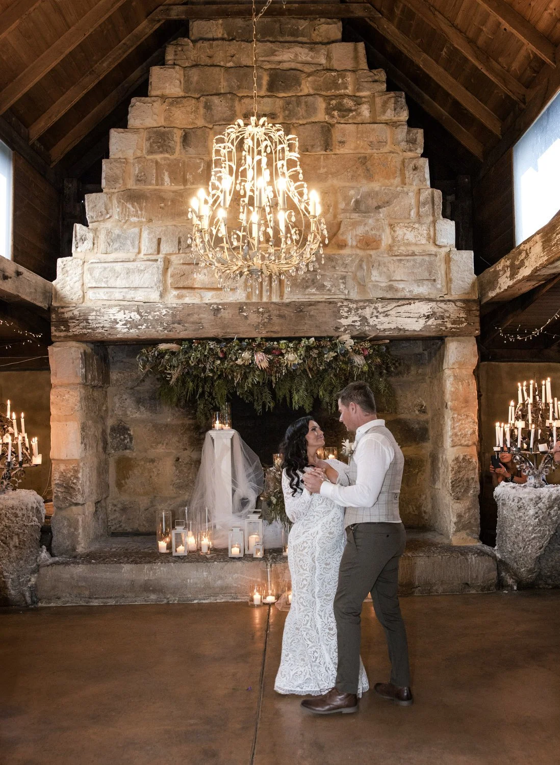 Bride and Groom dancing in Peppers Creek Barrel Room  