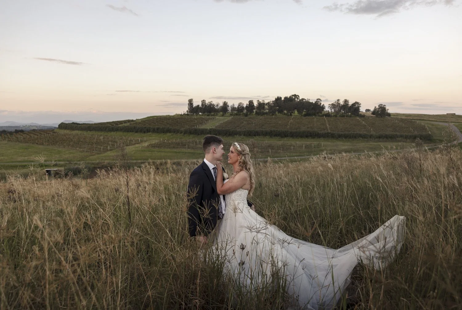 Couple in long golden grass at dusk with the wedding dress flowing