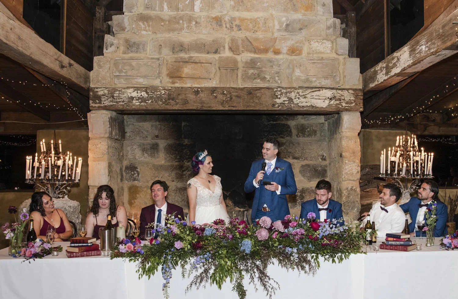 Bride and Groom at reception bridal table Peppers Creek Barrel Room  