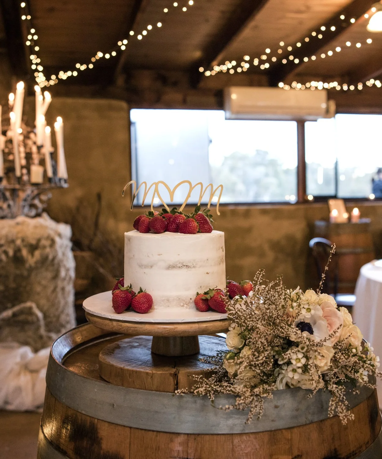 cake on wine barrel in Peppers Creek Barrel Room  