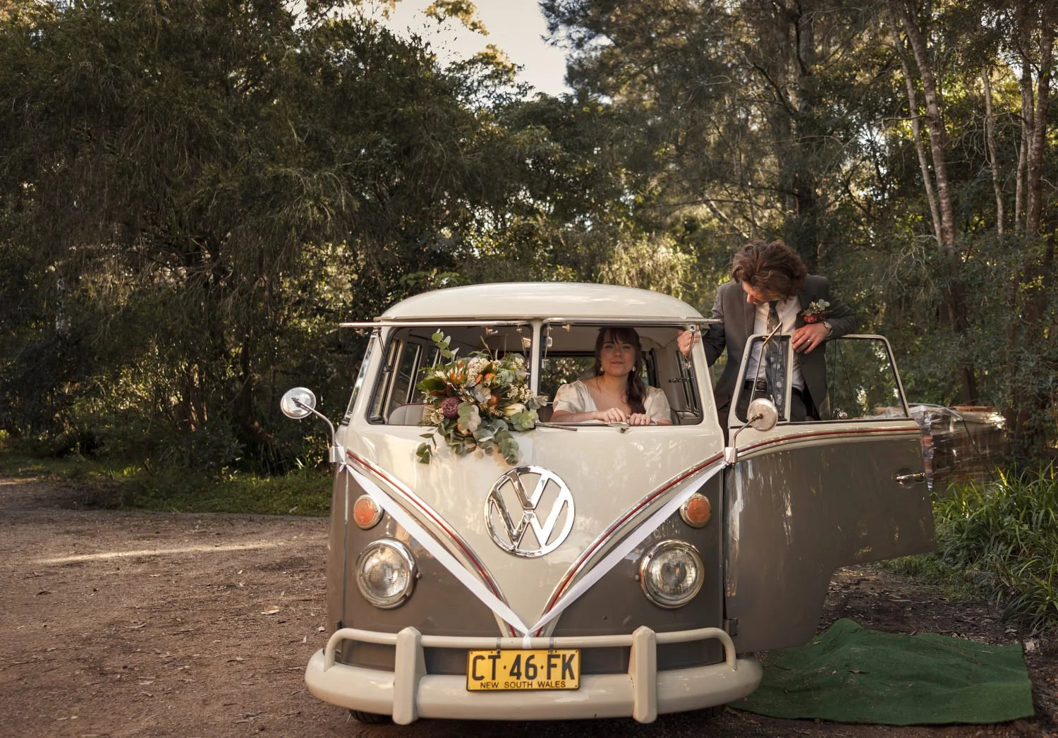 Vintage VW Kombi wedding car parked in the bush at a Newcastle wedding