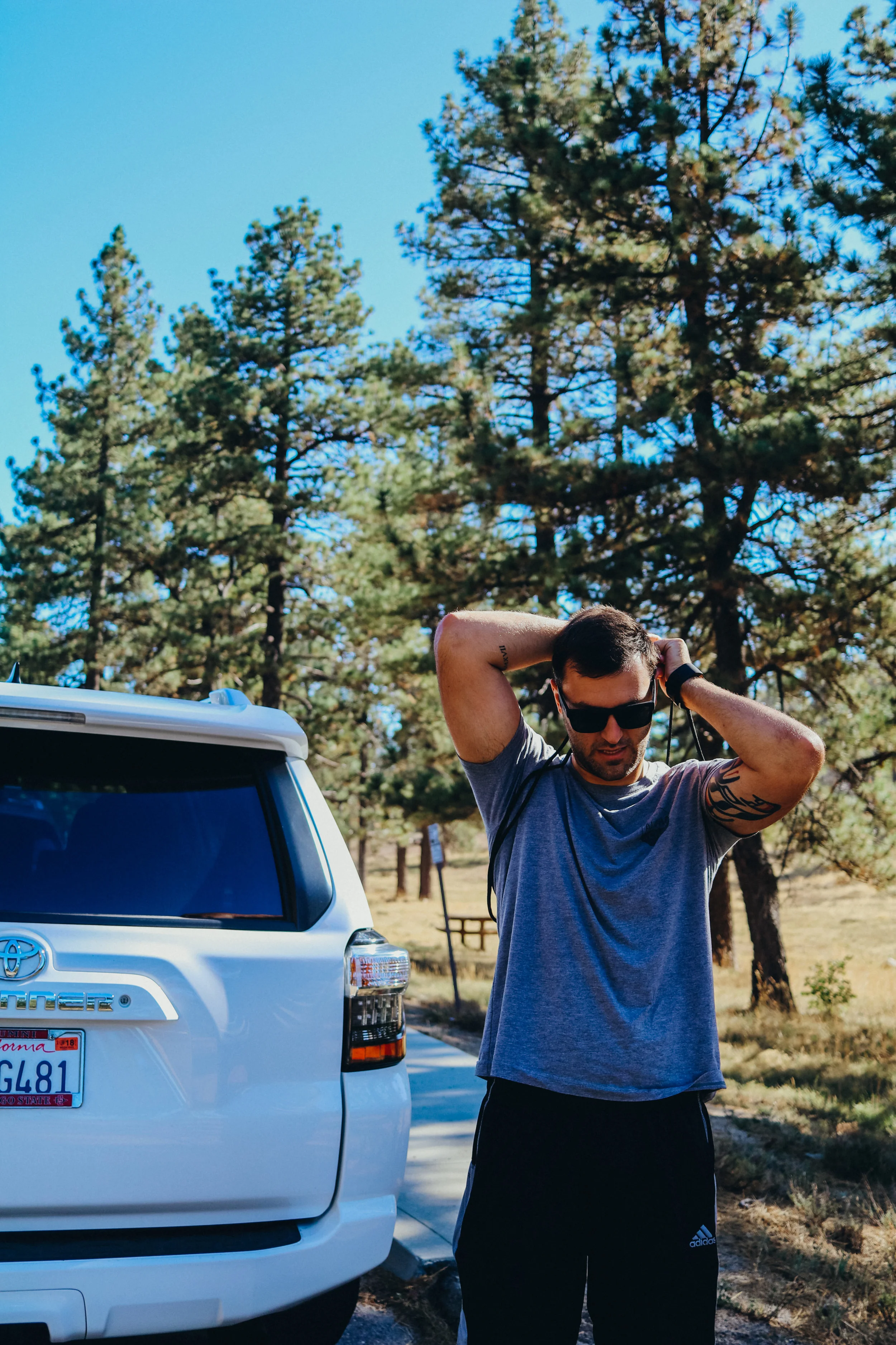 Getting our packs ready, parked along the street near the trailhead