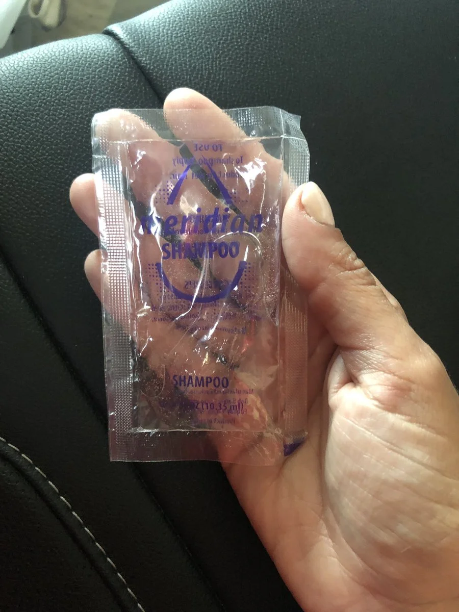 Rep. Ocasio-Cortez holding a 35-ml packet of “Meridian” shampoo. (Meridian also sells an all-in-one shampoo/shower/shave gel , but this is a different product .)
