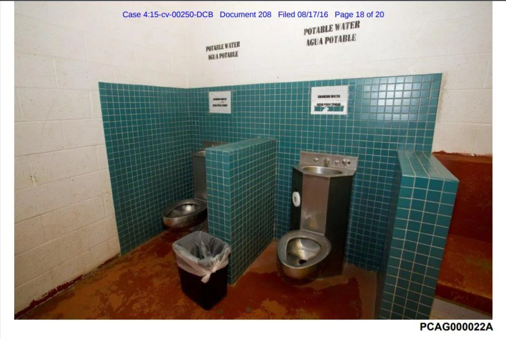 Photo from a court filing of a combination toilet and sink from a CBP facility in Tucson, AZ (not one of the facilities in Texas that the MoCs visited on July 1). Rep. Ocasio-Cortez confirms in a reply that this is the same type of fixture they saw in one of the Texas facilities.