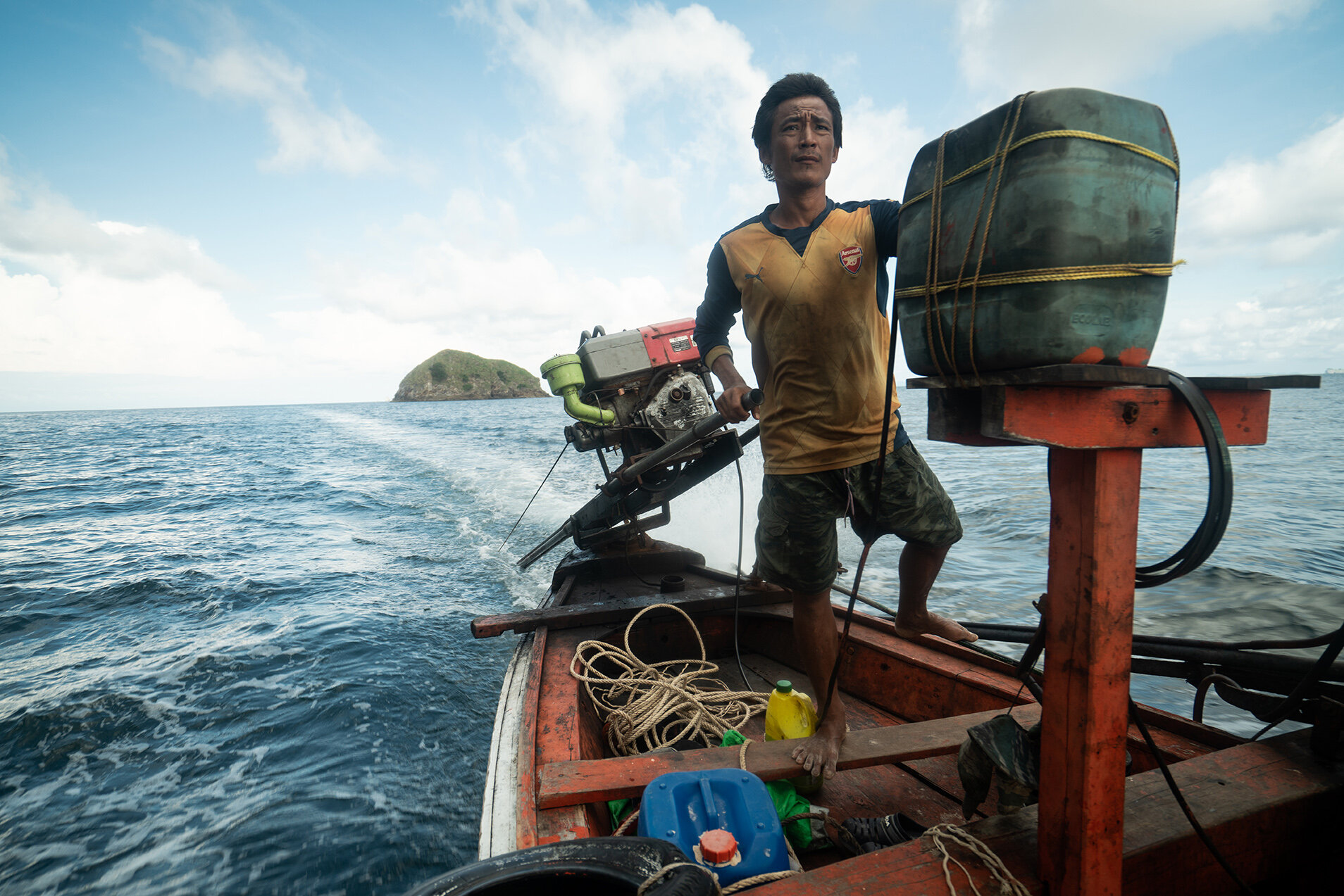  Nov. 03, 2019 - Mergui Archipelago, Myanmar. A local boat driver takes divers out to a site to recover nets. © Nicolas Axelrod / Ruom 