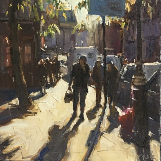 roger dellar demonstrates a city scene in oils