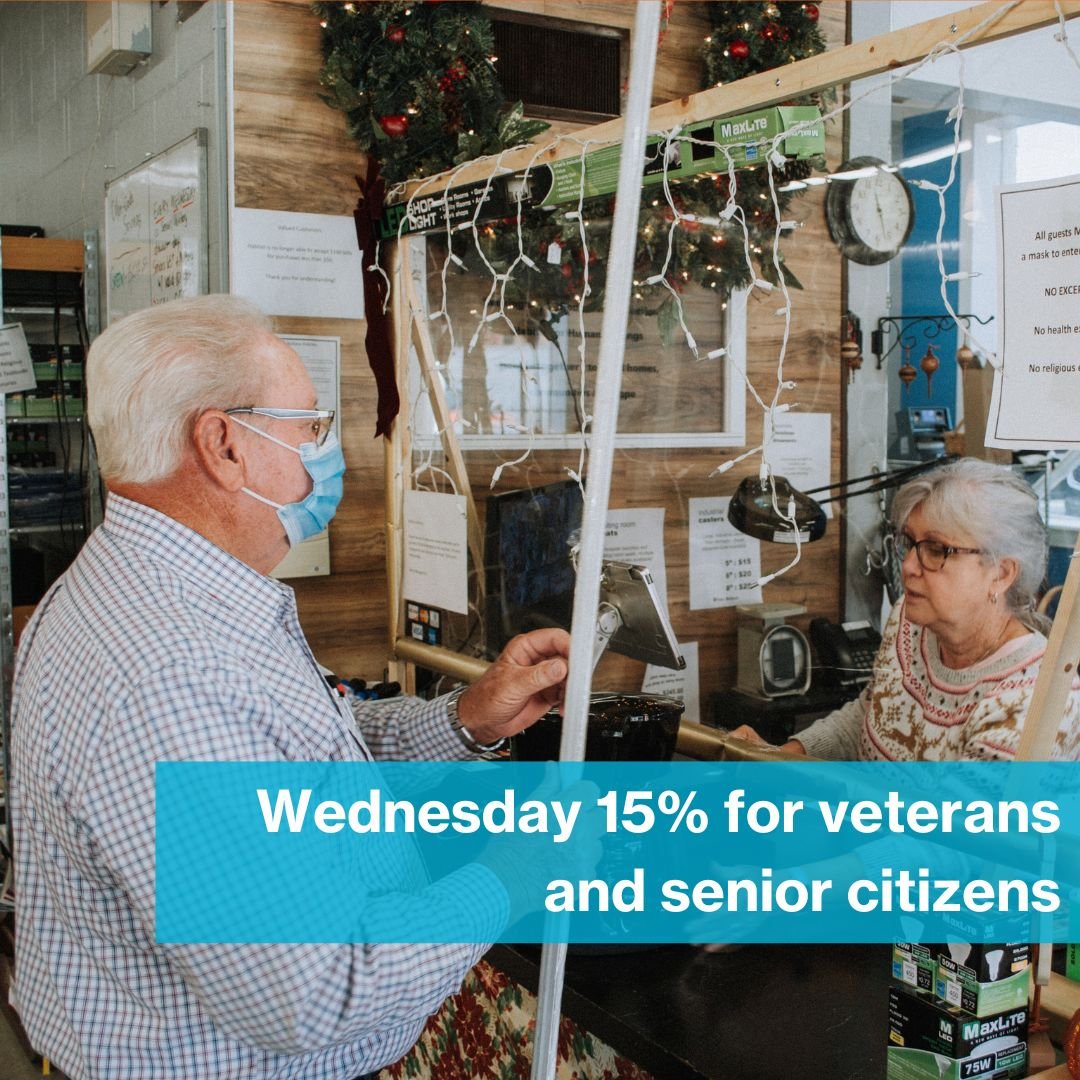Every Wednesday, we have a 15% off deal for senior citizens and veterans. We are appreciative of all you have done! So, if there is some random thing you need, make sure to stop by the ReStore.