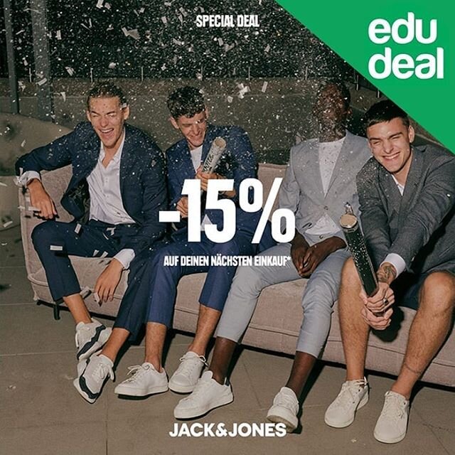 👕 Sichere dir mit deinem #edudeal 15% Rabatt bei JACK&amp;JONES! 😎
Mach dich bereit f&uuml;r den Sommer und kreire dein neues Lieblings-Outfit mit den sommerlichen Trends von JACK&amp;JONES! ☀️