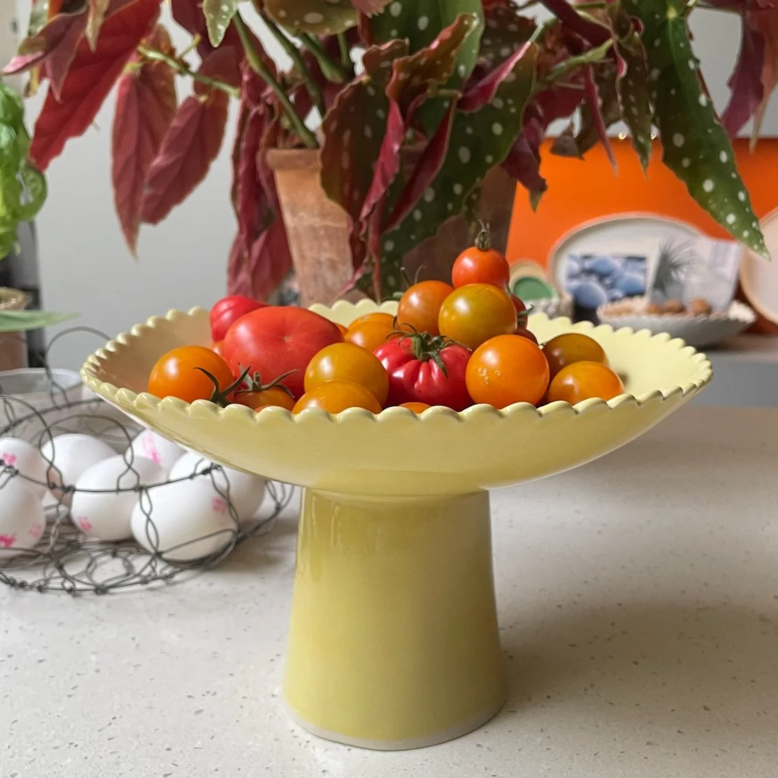 Light Lemon Yellow Short Pedestal Bowl-Scallop Edge