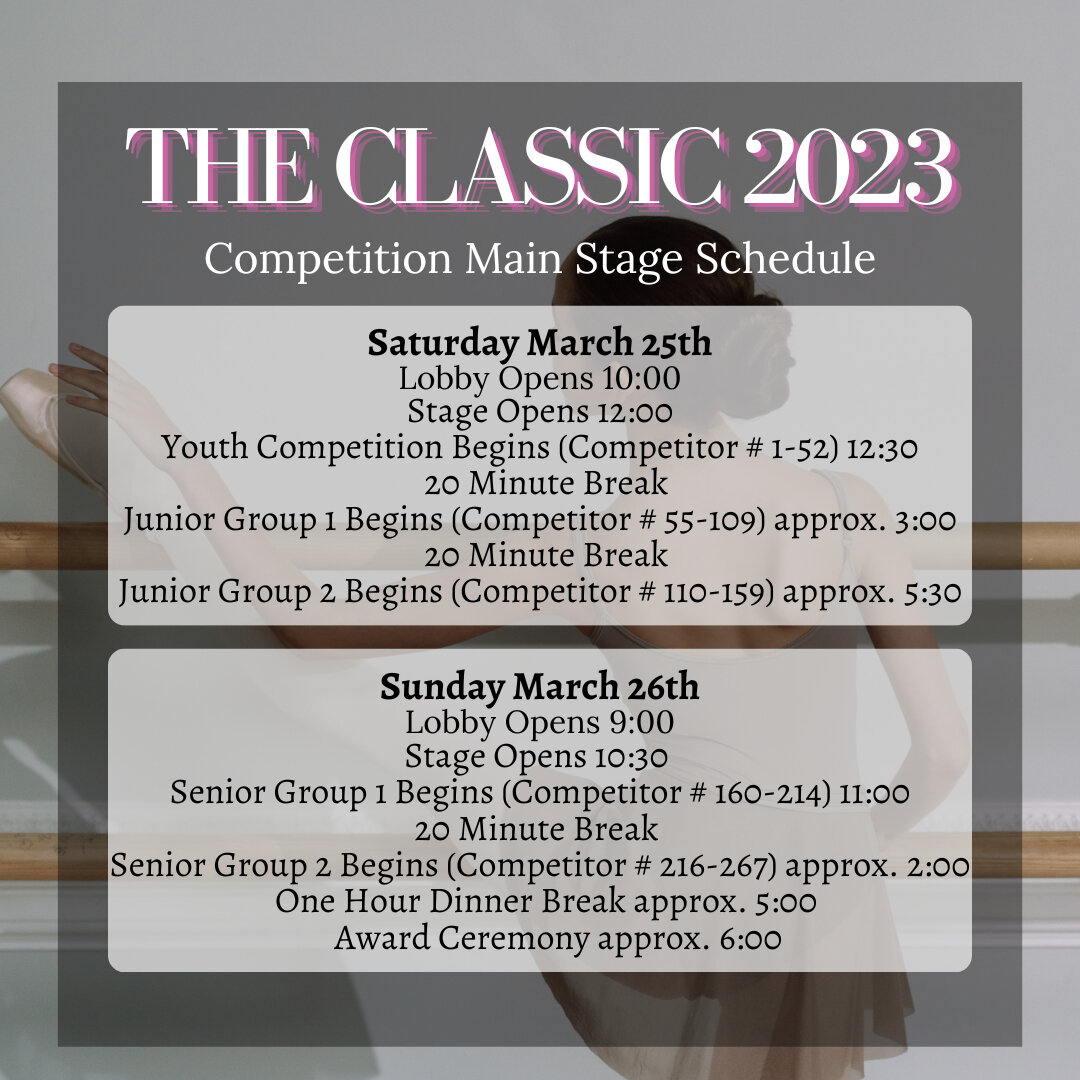 HELLO COMPETITORS! ​​​​​​​​
​​​​​​​​
Now that you've all been assigned your competitor numbers, we thought we'd share a full breakdown of when you'll be dancing on the main stage!​​​​​​​​
​​​​​​​​
We are so excited to see your performances!! Merde!!!