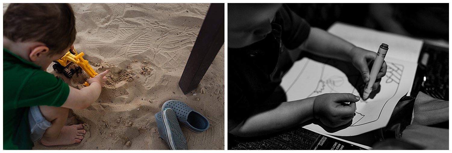 Playing in the sand while we eat dinner.