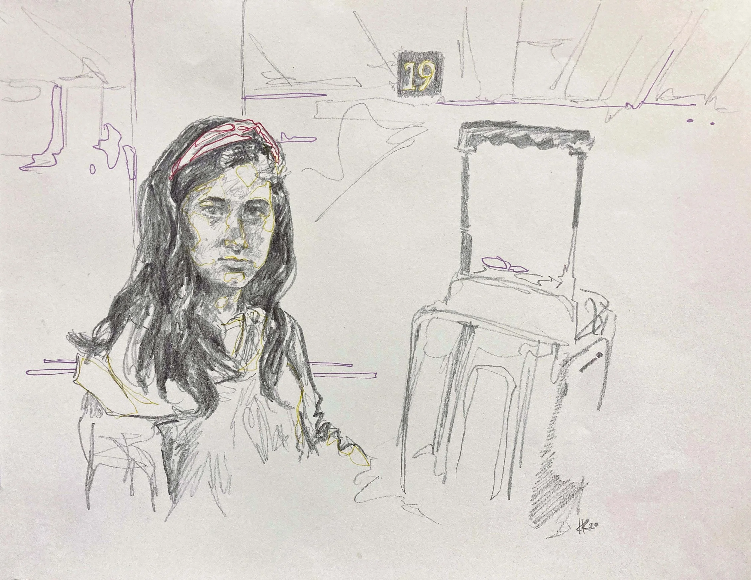 FrannieAtTheCharlotteAirport_11x14_GraphiteAndPenOnPaper_2020.jpg