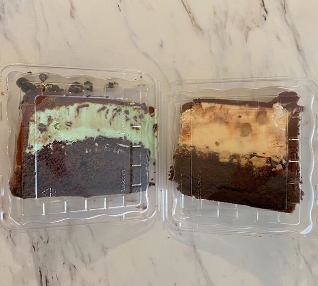 We&rsquo;re also selling by the slice! On the left is mint chip with Oreo and on the right is cookie dough with more cookie dough in the middle