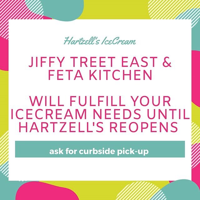 @jiffytreeteast @fetakitchen 
can supply you with delicious IceCream until we reopen 
Please ask for Curbside pick-up or call @btownmenus for Delivery 
#supportlocal #wegotthis