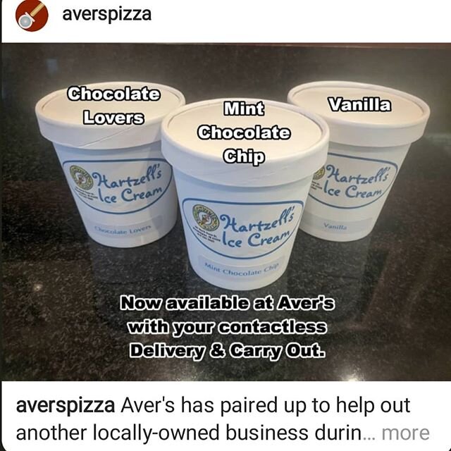 Now you can buy $6 pints of Hartzell's Ice Cream when you order @averspizza 
Chocolate Lovers, Mint Chocolate Chip, and Vanilla 😜 #supportlocalbusiness #bloomingtonindiana