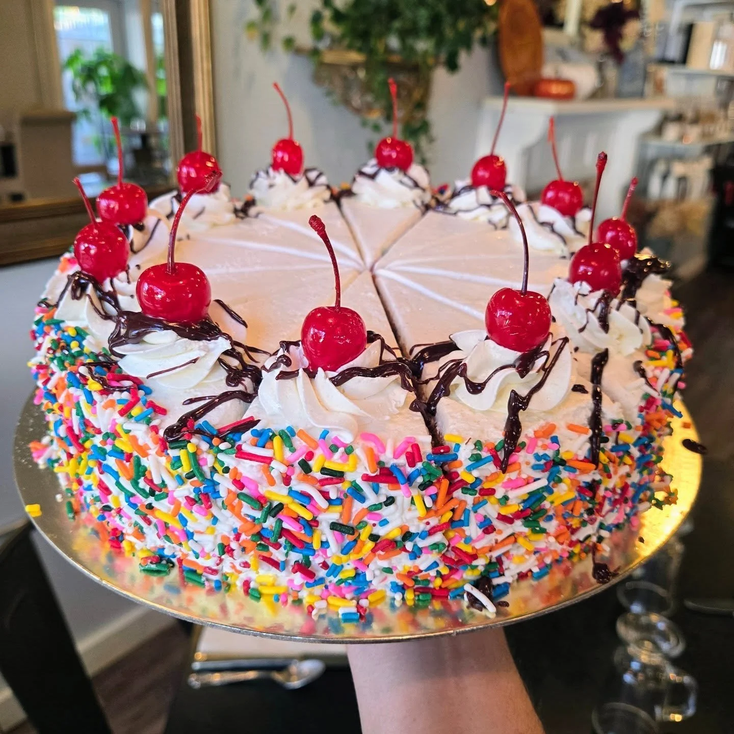 10 inch funfetti cake going into the case this morning to be sold by the slice. Want the whole cake? Give is a call and we will set it aside for you. Call quick we dont know how long till someone wants a slice. (Presliced into 12 slices)
.
See you so
