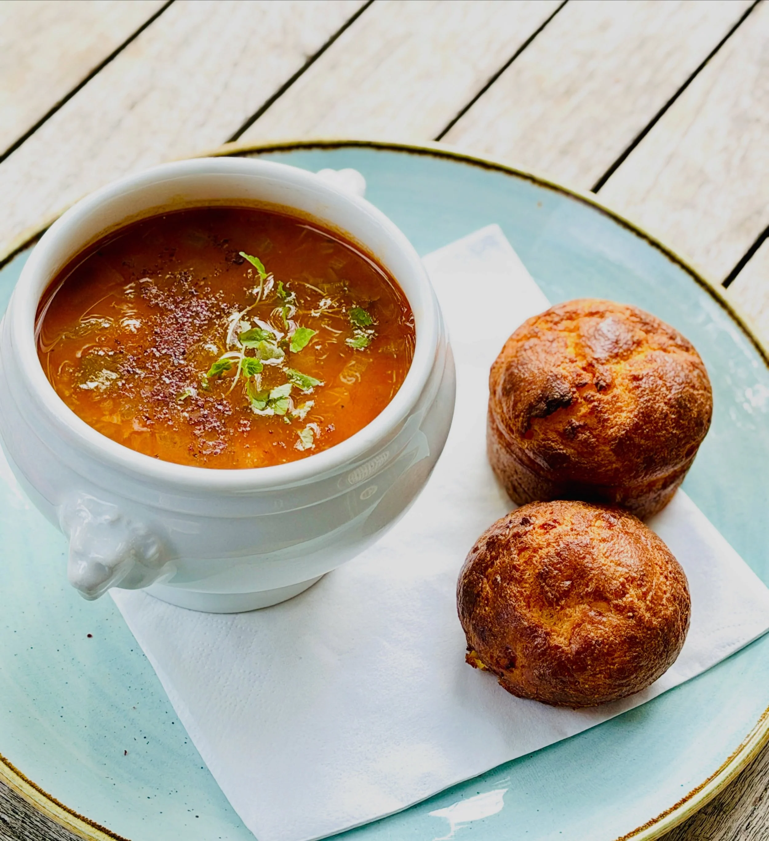 Tonight Special- Red lentil soup soup with Polenta feta muffin 
#cafeinsurbiton #lunch #kingstonuponthamescafe #foodlover