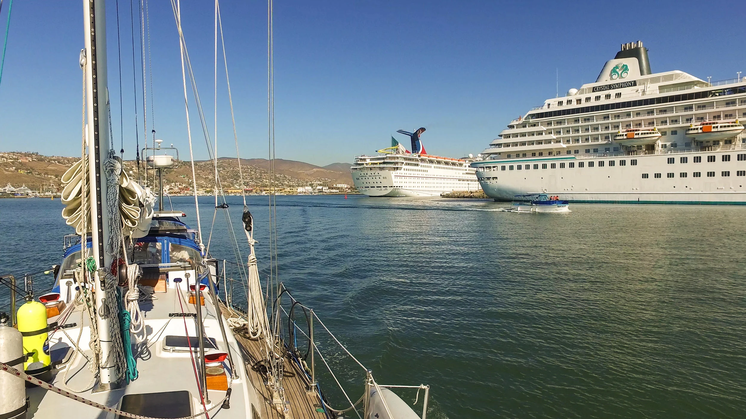 Waving goodbye to Ensenada and the cruise ships.