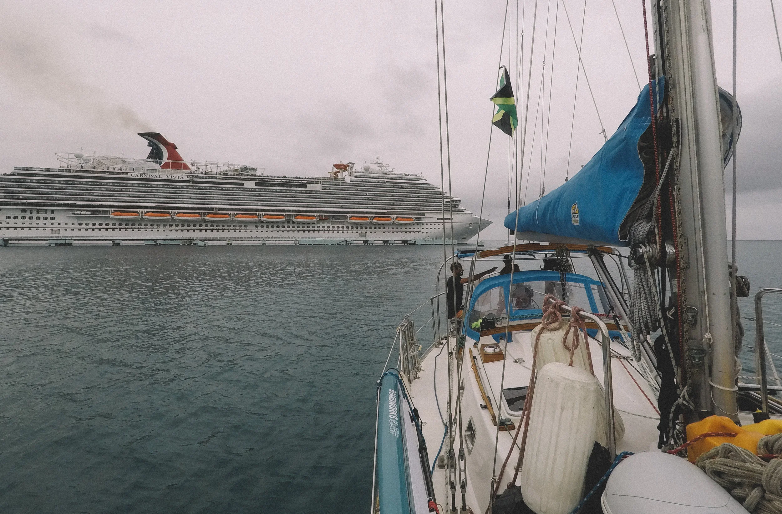 Anchored near one of the cruise ships in Montego Bay.