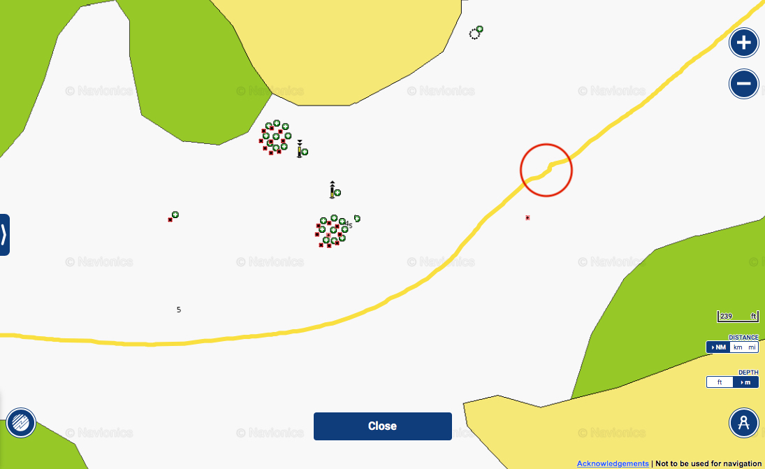 The red circle is where we hit the rocks. We thought we were in the clear and had passed the charted dangers.