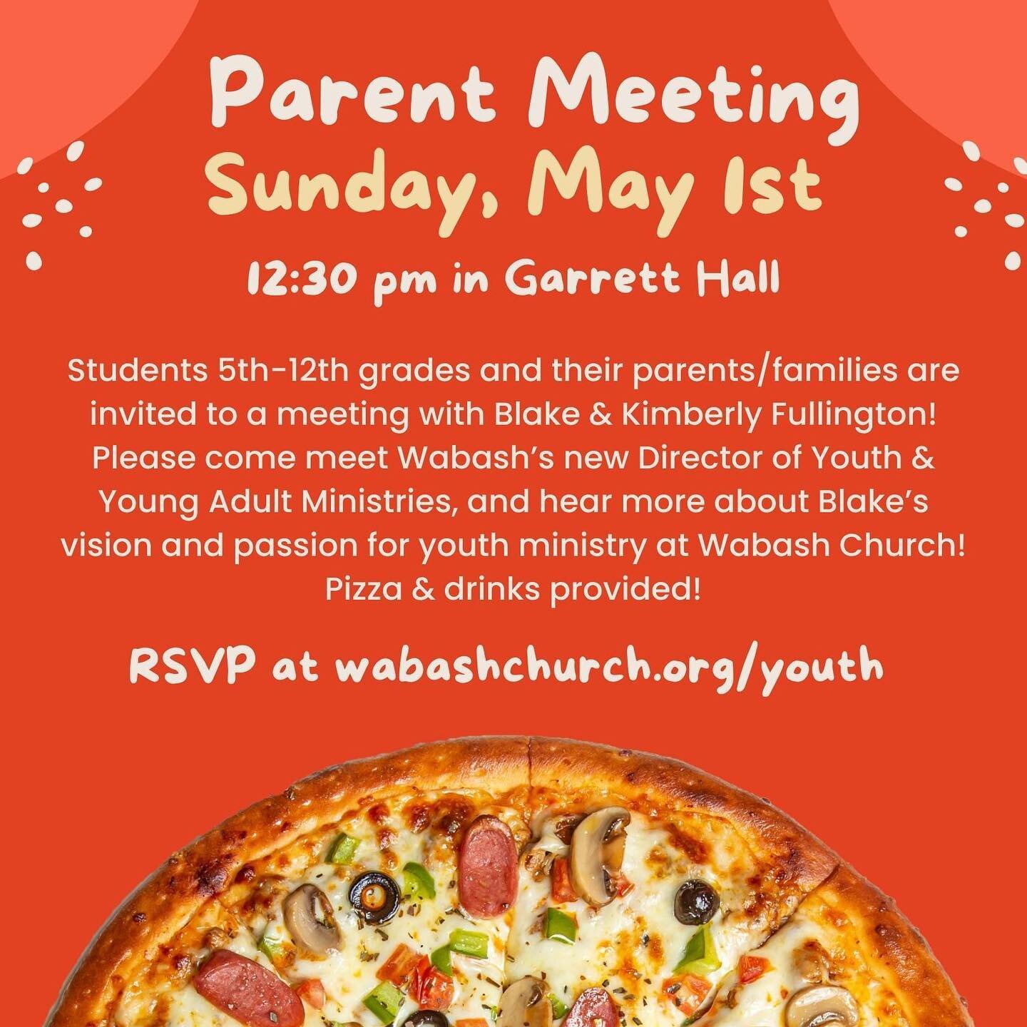 You&rsquo;re invited to a parent meeting on Sunday, May 1st from 12:30 to 1:30 PM in Garrett Hall. If you have a student from 5th to 12th grade, this meeting is for you and your family! The goal is just to provide some time for you to get to know Kim