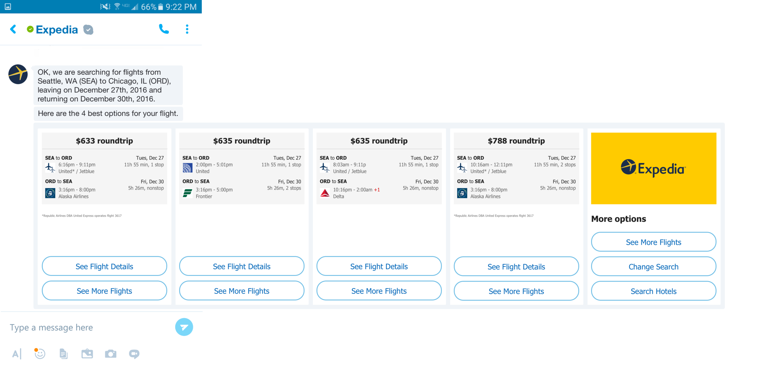 This was our MVP design for a user receiving flights search results.
