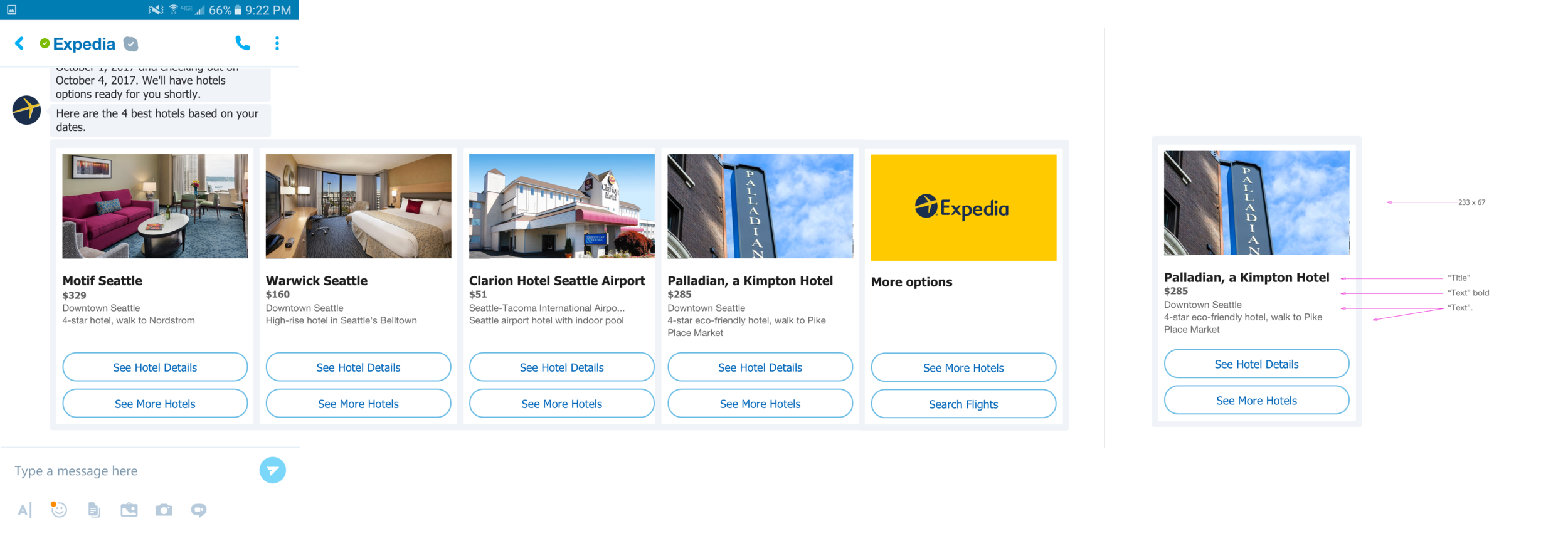 This was our MVP design for a user receiving hotel search results.